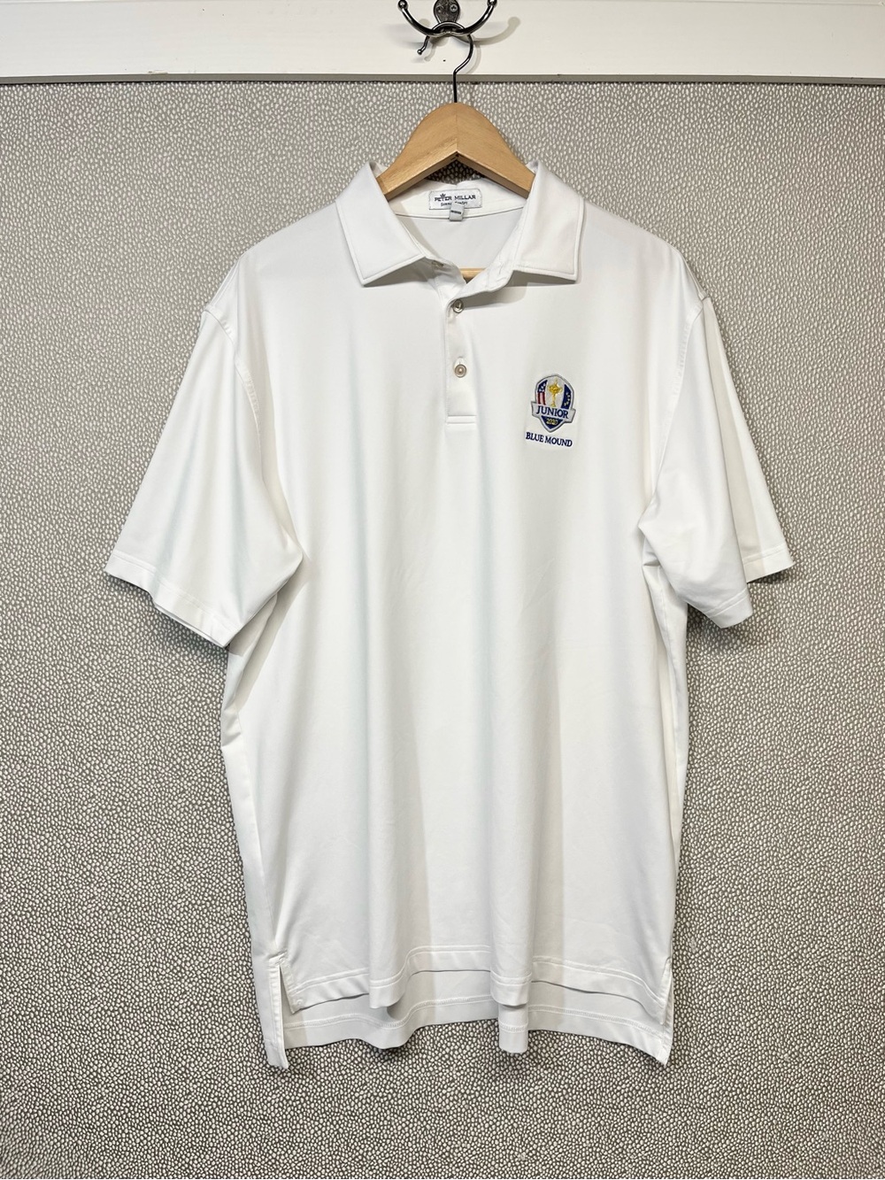 L Peter Millar Summer Comfort White Polo with Blue Mound Embroidered Crest 2020